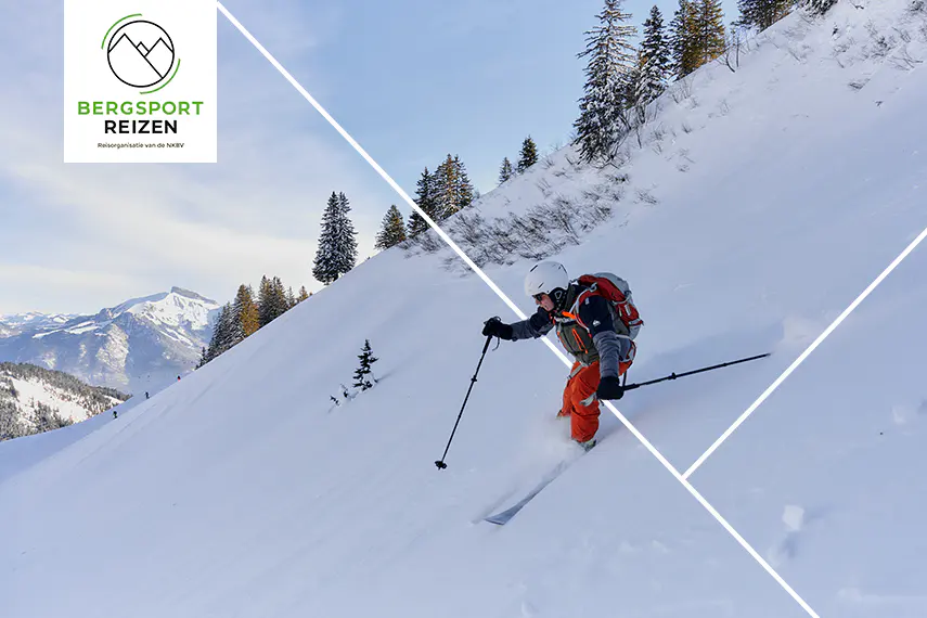 Een skiër in een rode broek daalt een besneeuwde berghelling af; het logo van Bergsport Reizen staat linksboven in beeld.